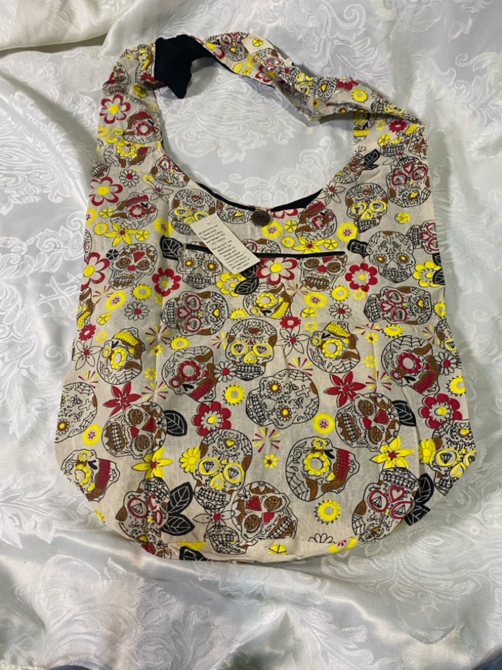 Boho Floral Sugar Skull Shoulder Bag in Beige and Yellow NWT Hobo